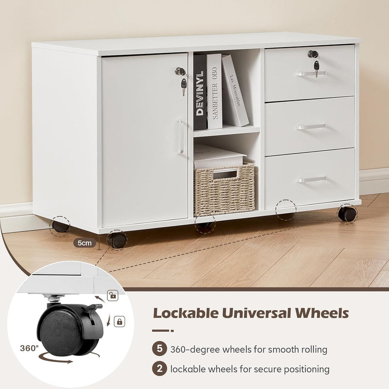 Mobile File Cabinet with 3 Drawers and Lockable