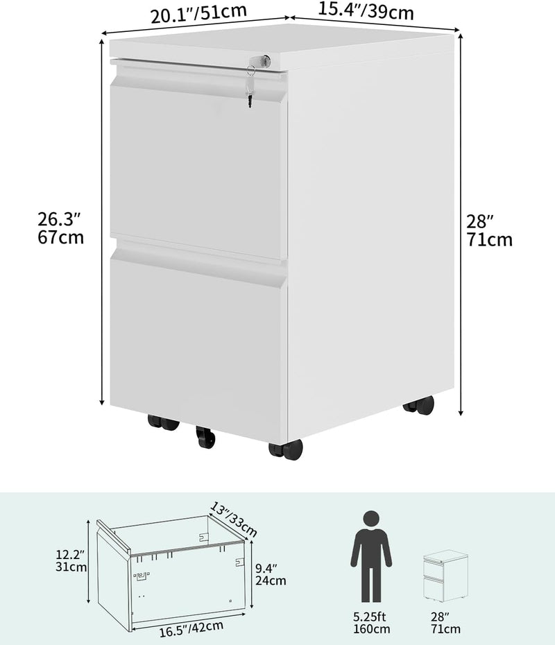 Mobile Filing Cabinet with 2 Lockable Drawers Anti-Tipping