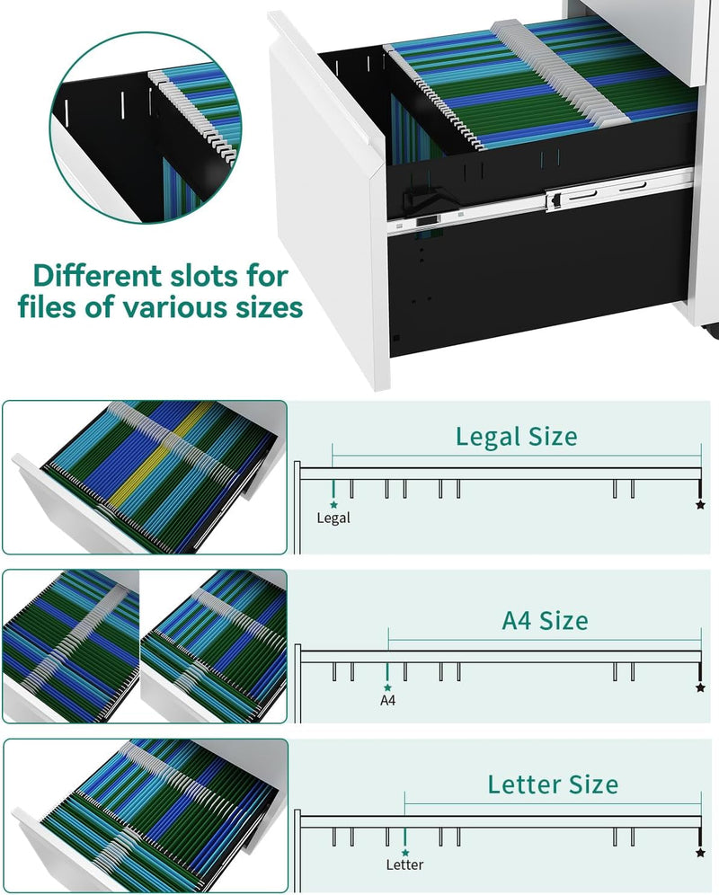 Mobile Filing Cabinet with 2 Lockable Drawers Anti-Tipping