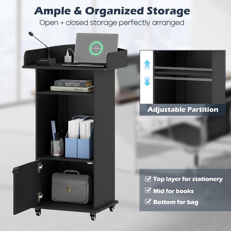 Mobile Podium Lectern with Storage Cabinet Adjustable Shelf