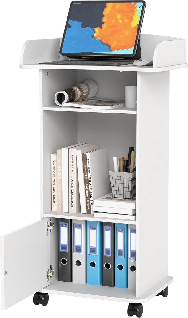 Mobile Podium Lectern with Storage Cabinet Adjustable Shelf