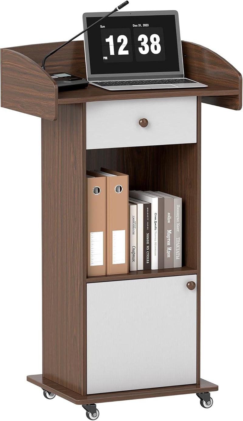 Mobile Podium Lectern with Storage Cabinet Adjustable Shelf