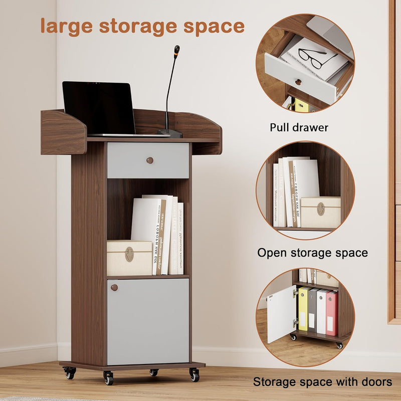 Mobile Podium Lectern with Storage Cabinet Adjustable Shelf