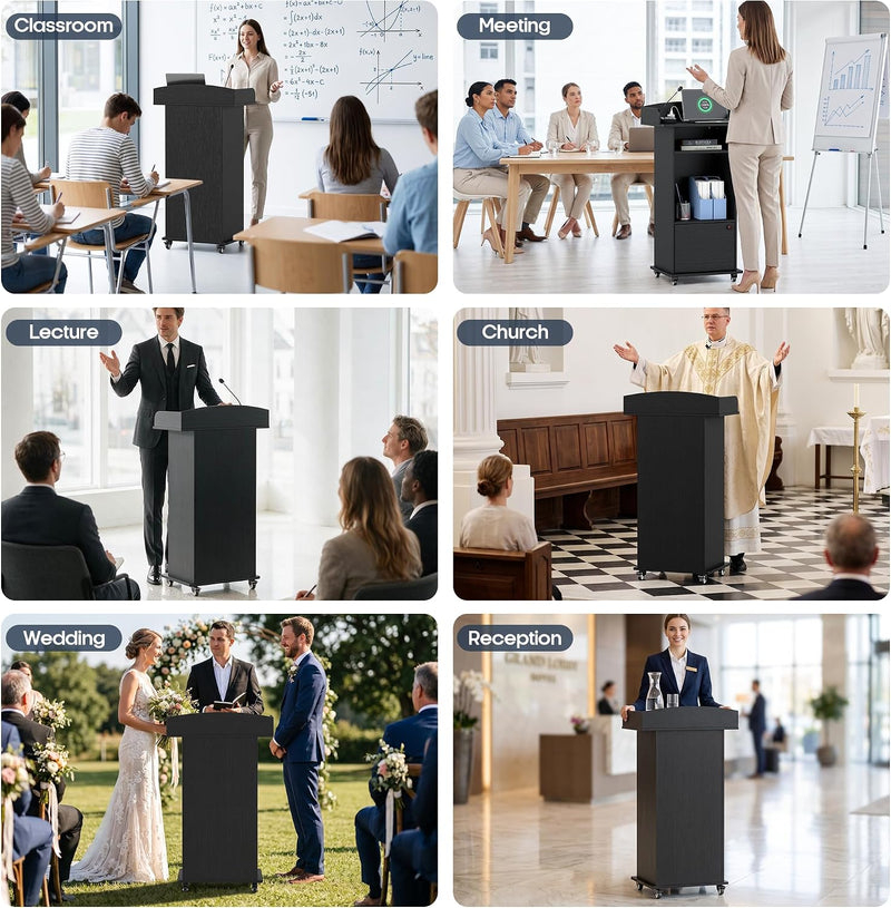 Mobile Podium Lectern with Storage Cabinet Adjustable Shelf