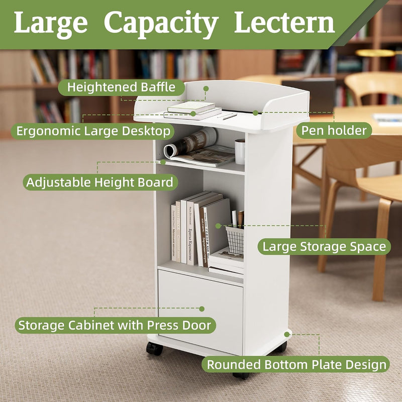 Mobile Podium Lectern with Storage Cabinet Adjustable Shelf