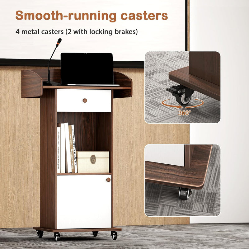 Mobile Podium Lectern with Storage Cabinet Adjustable Shelf