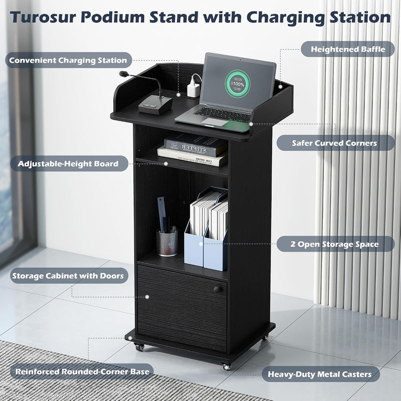 Mobile Podium Lectern with Storage Cabinet Adjustable Shelf
