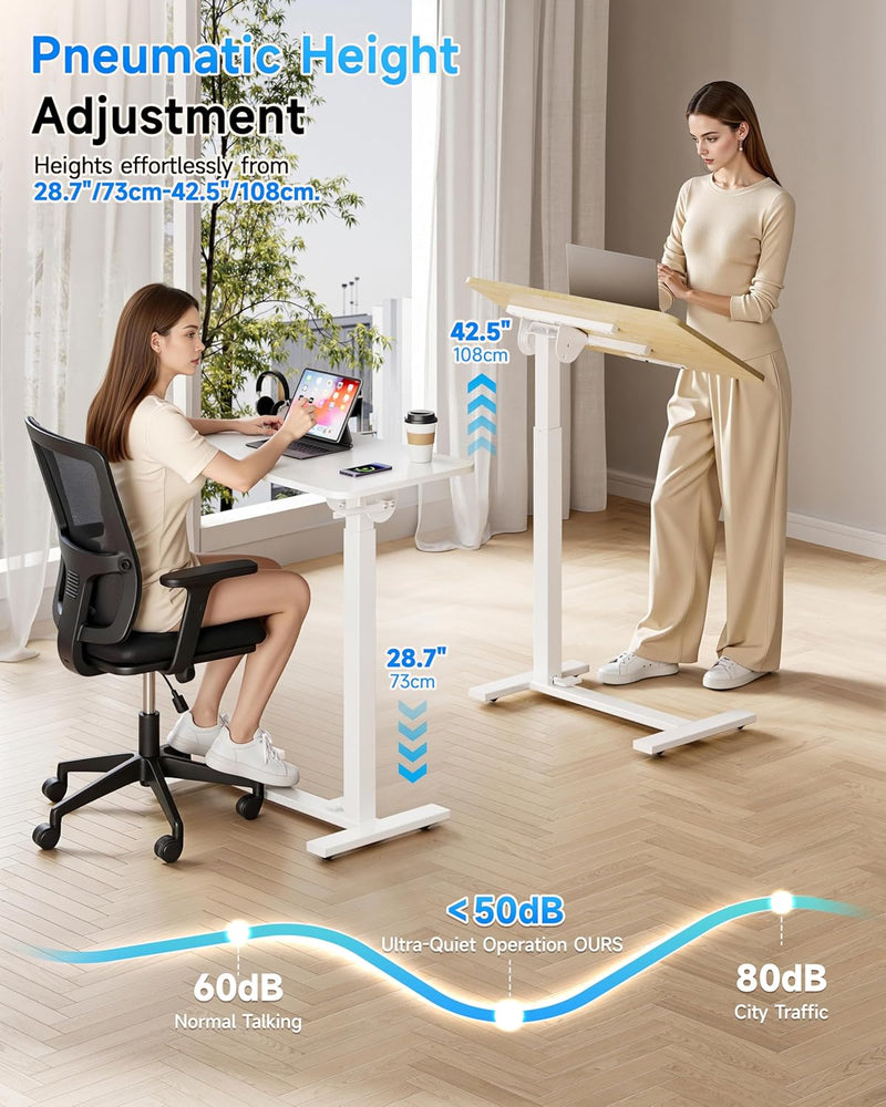 Mobile Standing Desk Laptop Pneumatic with Wheels Tilt