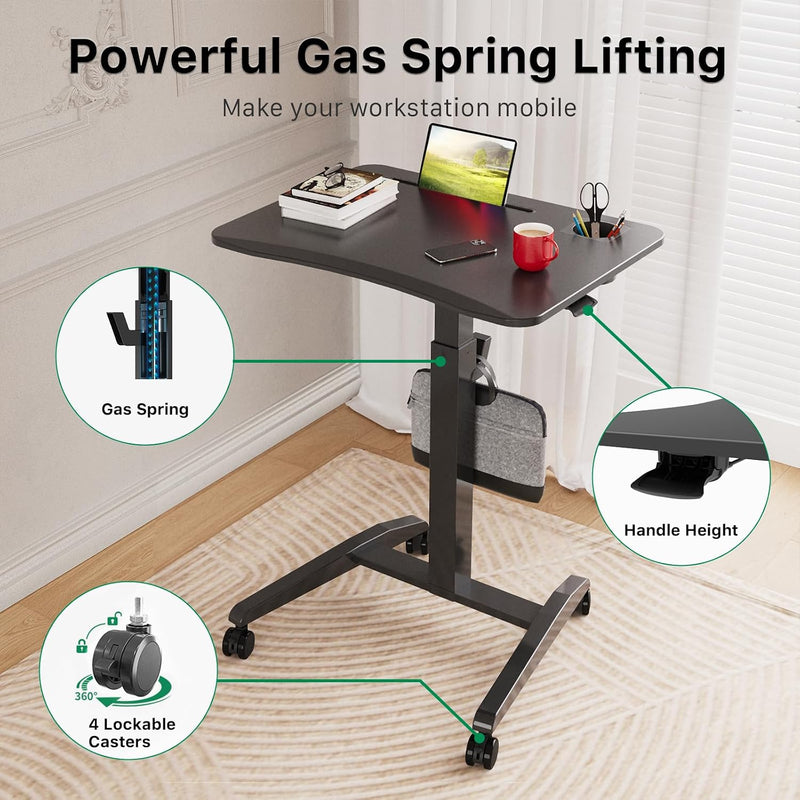 Mobile Standing Desk Pneumatic Height Adjustable Rolling Table
