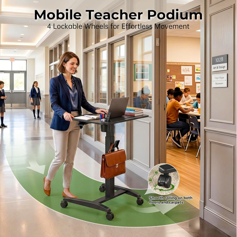 Mobile Standing Desk Pneumatic Height Adjustable Rolling Table