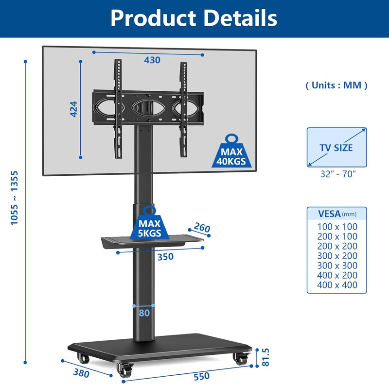Mobile TV Stand on Wheels for 26-70 Inch