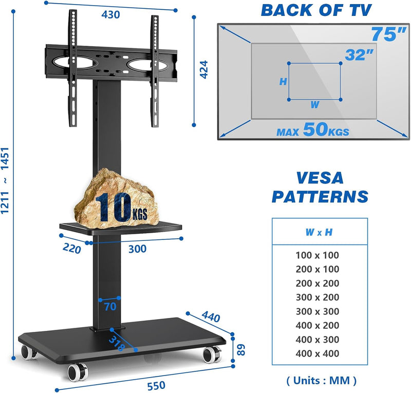 Mobile TV Stand on Wheels for 26-70 Inch