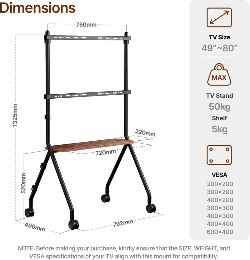 Mobile TV Stand on Wheels for 49–80 Inch