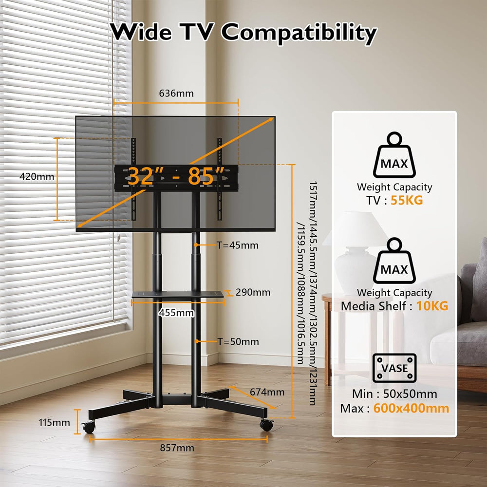 Mobile TV Stand on Wheels Tilt Height Adjustable