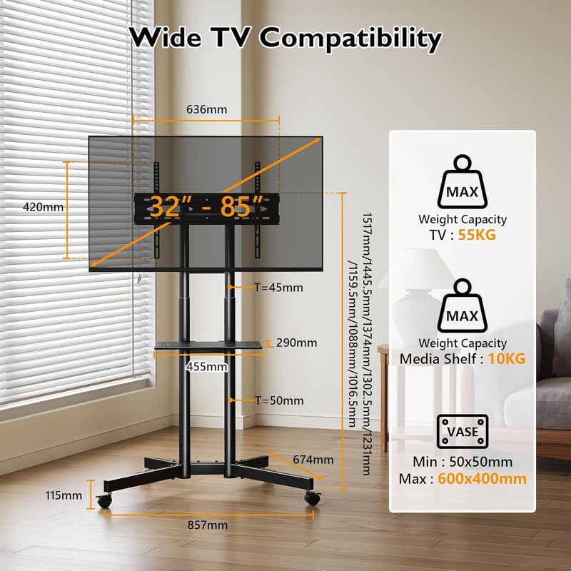 Mobile TV Stand on Wheels Tilt Height Adjustable