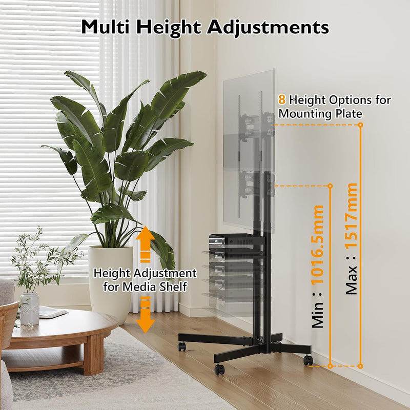 Mobile TV Stand on Wheels Tilt Height Adjustable