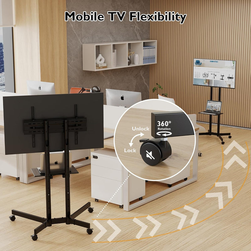 Mobile TV Stand on Wheels Tilt Height Adjustable
