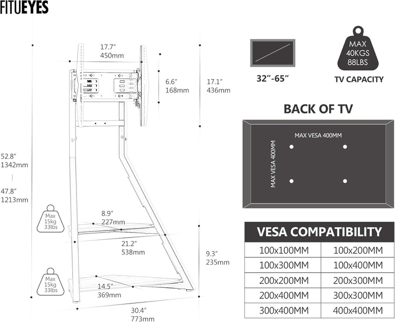 Mobile TV Stand on Wheels with 2 Shelves