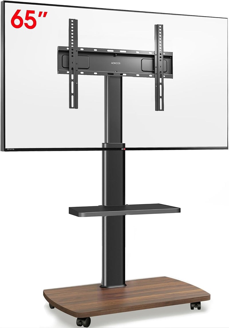 Mobile TV Stand on Wheels with Wooden Base