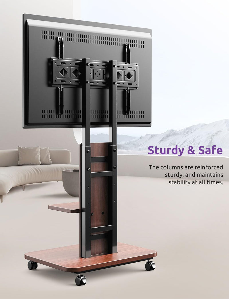 Mobile TV Stand on Wheels with Wooden Base