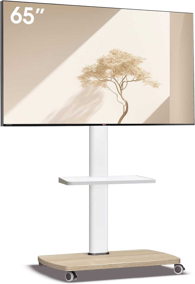 Mobile TV Stand on Wheels with Wooden Base