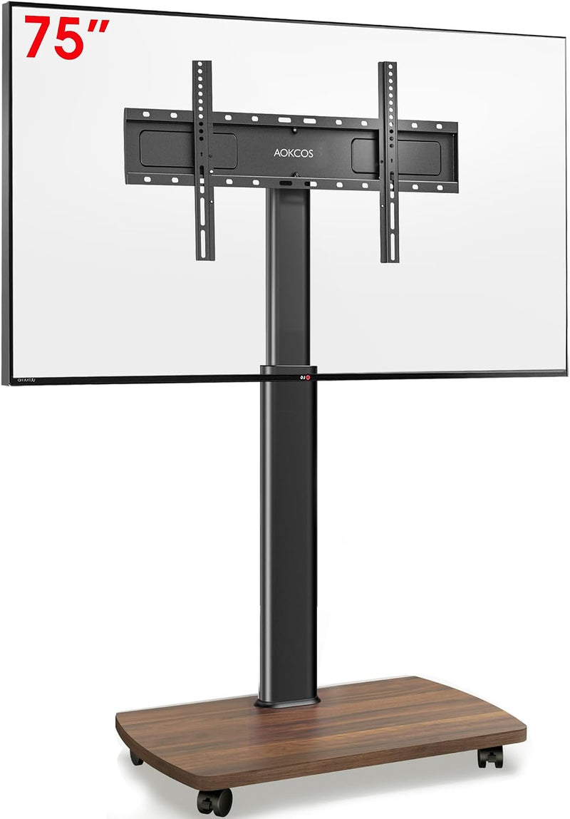 Mobile TV Stand on Wheels with Wooden Base