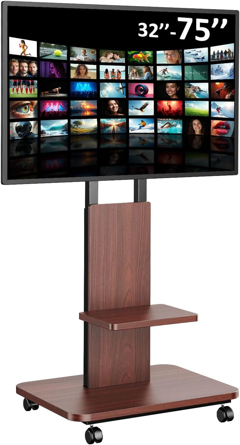 Mobile TV Stand on Wheels with Wooden Base