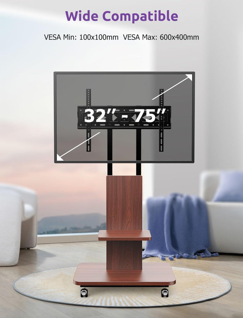 Mobile TV Stand on Wheels with Wooden Base