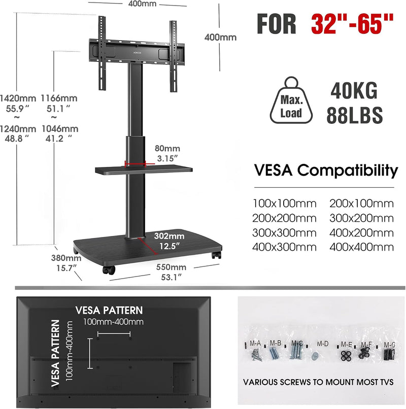 Mobile TV Stand on Wheels with Wooden Base