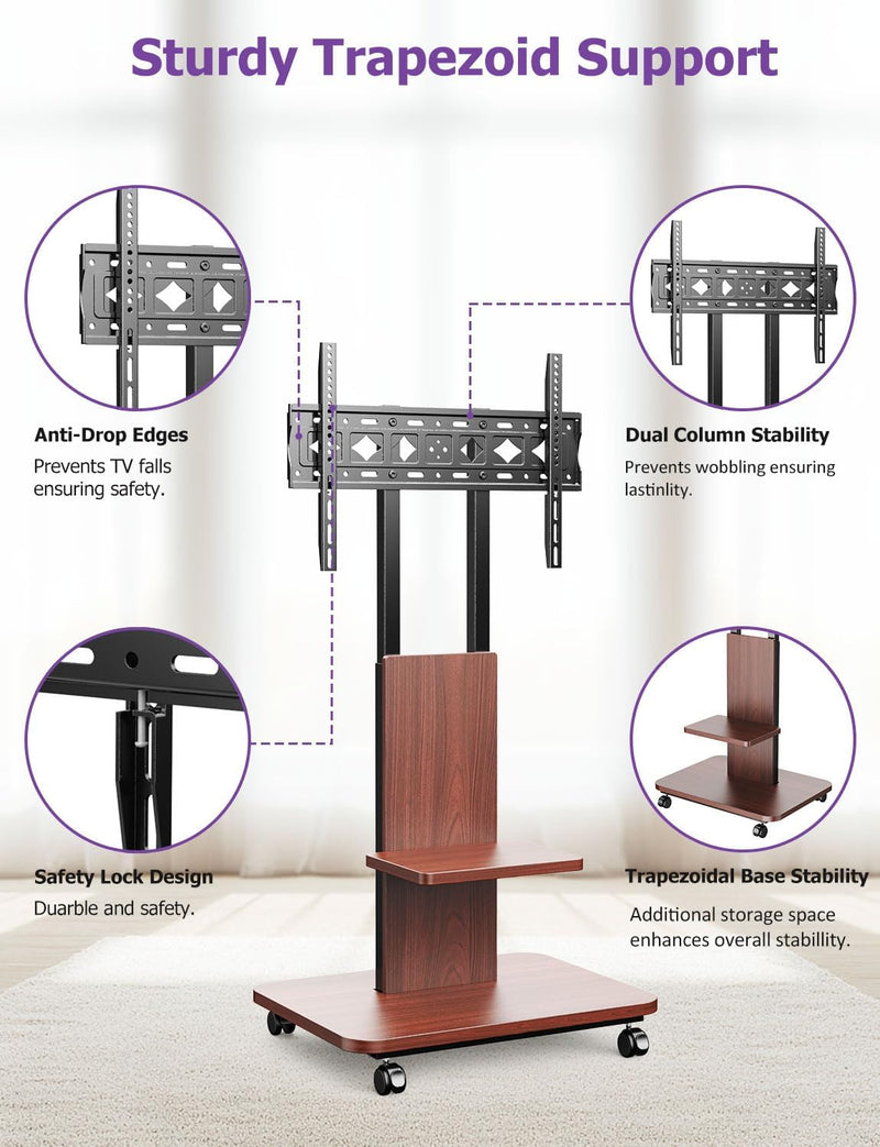 Mobile TV Stand on Wheels with Wooden Base