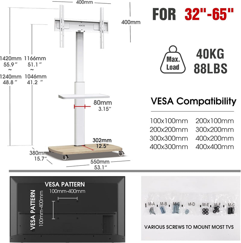 Mobile TV Stand on Wheels with Wooden Base