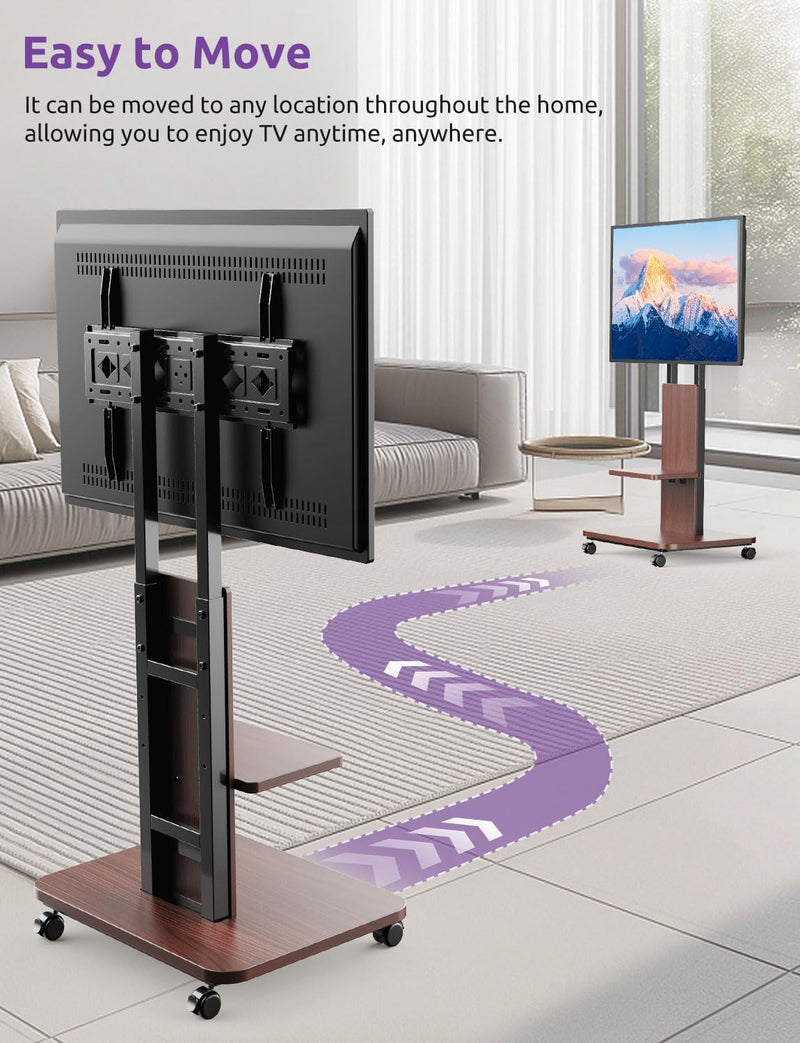 Mobile TV Stand on Wheels with Wooden Base