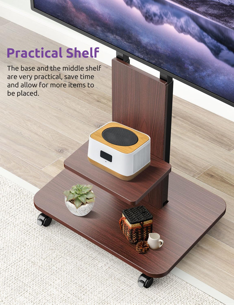 Mobile TV Stand on Wheels with Wooden Base