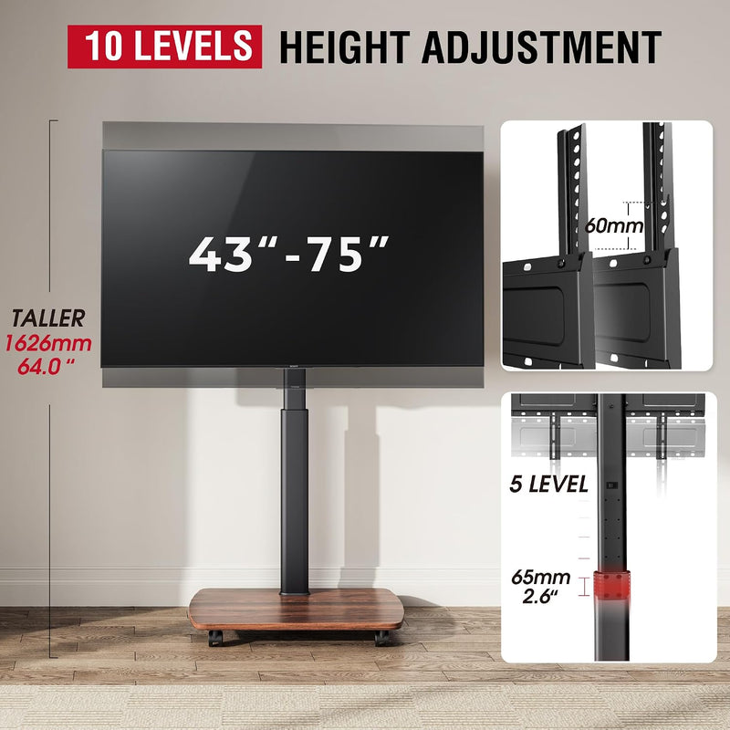 Mobile TV Stand on Wheels with Wooden Base