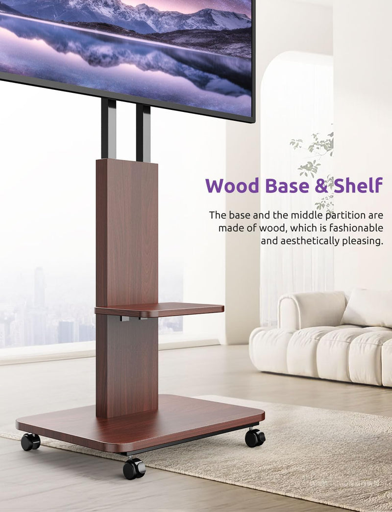 Mobile TV Stand on Wheels with Wooden Base