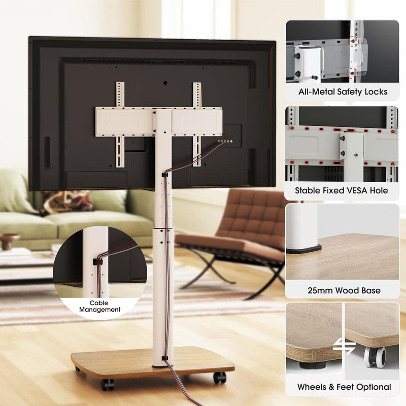 Mobile TV Stand on Wheels with Wooden Base