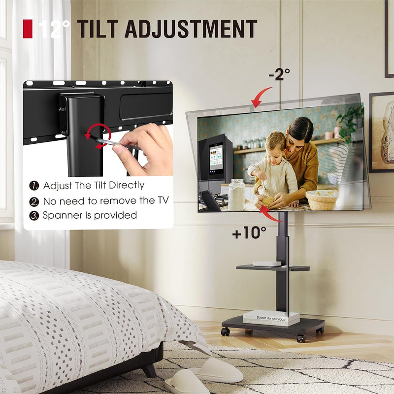 Mobile TV Stand on Wheels with Wooden Base