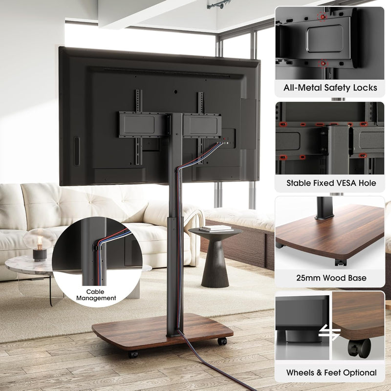 Mobile TV Stand on Wheels with Wooden Base