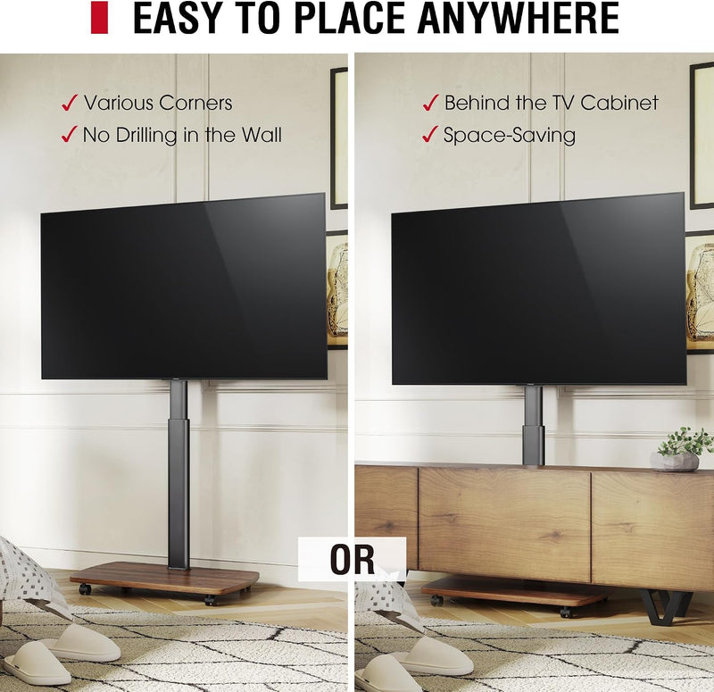 Mobile TV Stand on Wheels with Wooden Base