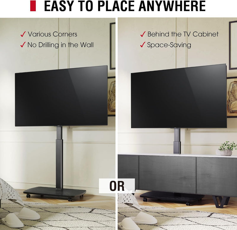 Mobile TV Stand on Wheels with Wooden Base