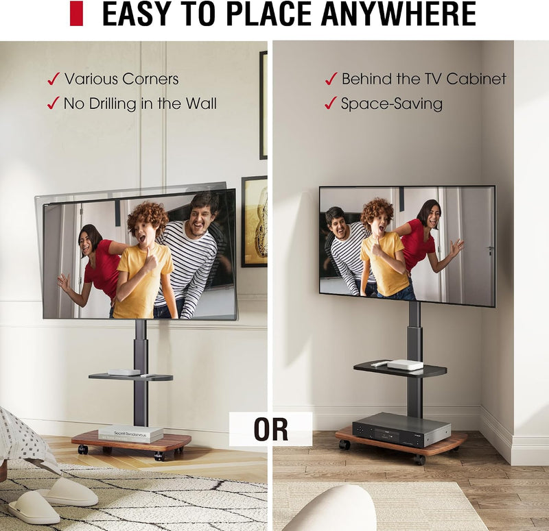 Mobile TV Stand on Wheels with Wooden Base