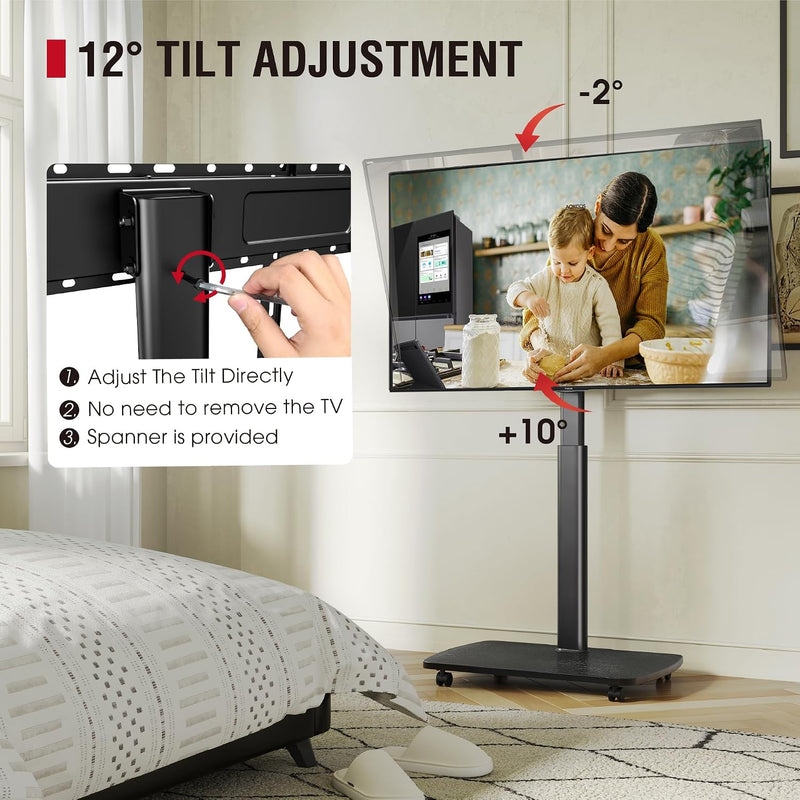 Mobile TV Stand on Wheels with Wooden Base