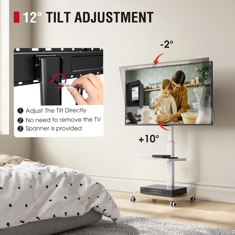 Mobile TV Stand on Wheels with Wooden Base
