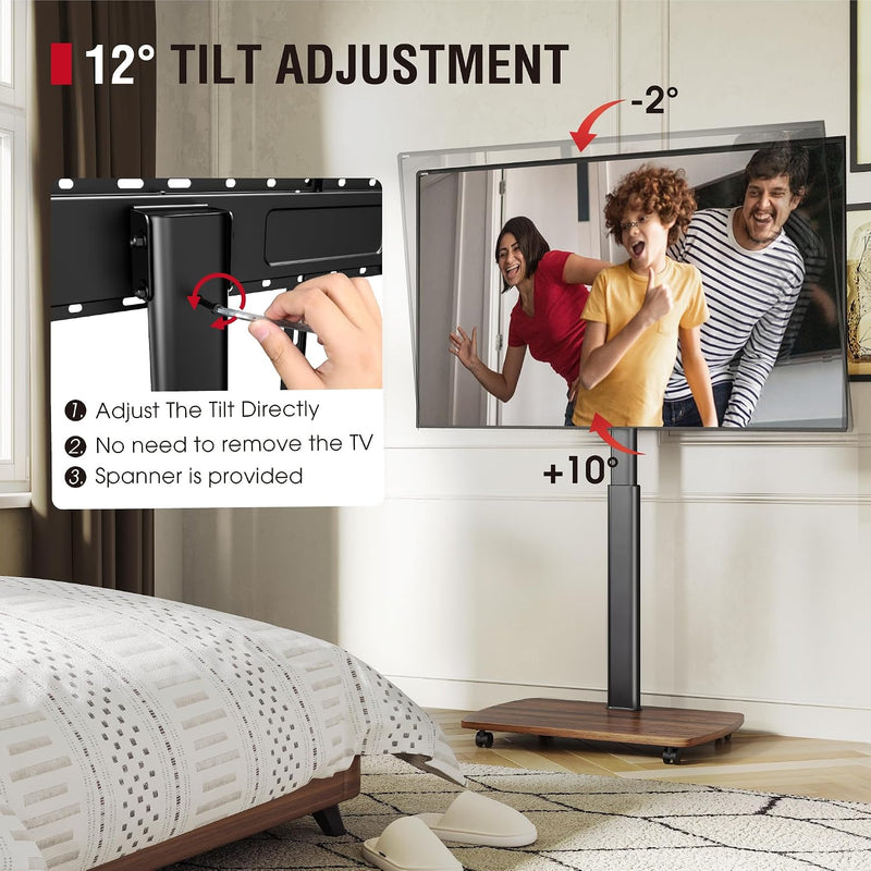 Mobile TV Stand on Wheels with Wooden Base