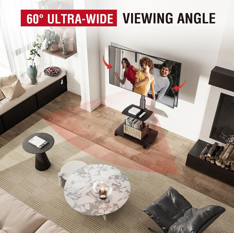 Mobile TV Stand on Wheels with Wooden Base