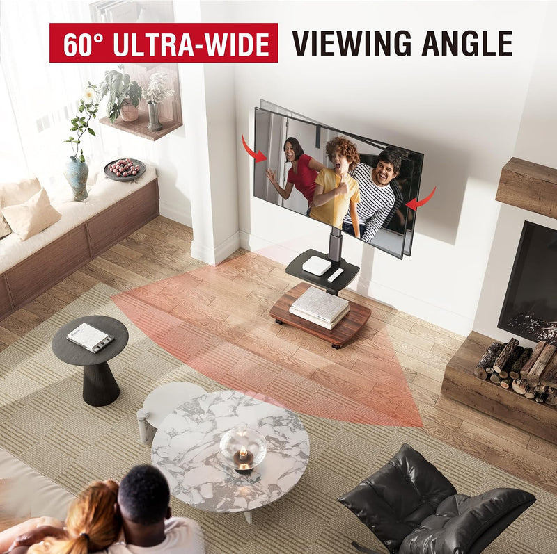 Mobile TV Stand on Wheels with Wooden Base