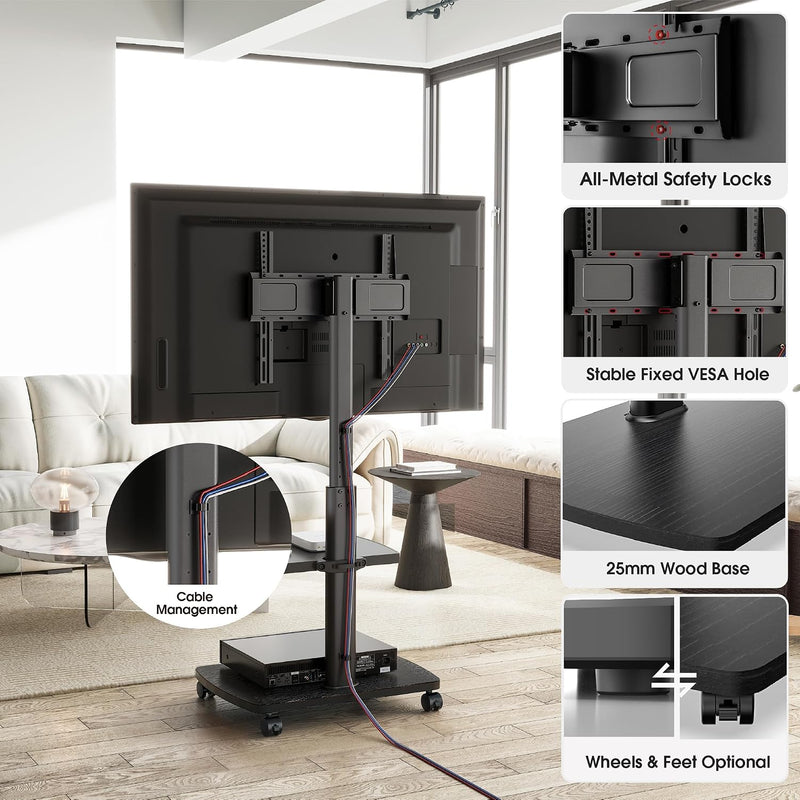 Mobile TV Stand on Wheels with Wooden Base