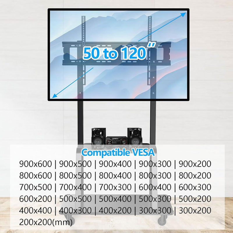 Mobile TV Stand with Casters 50-120 Inch Height