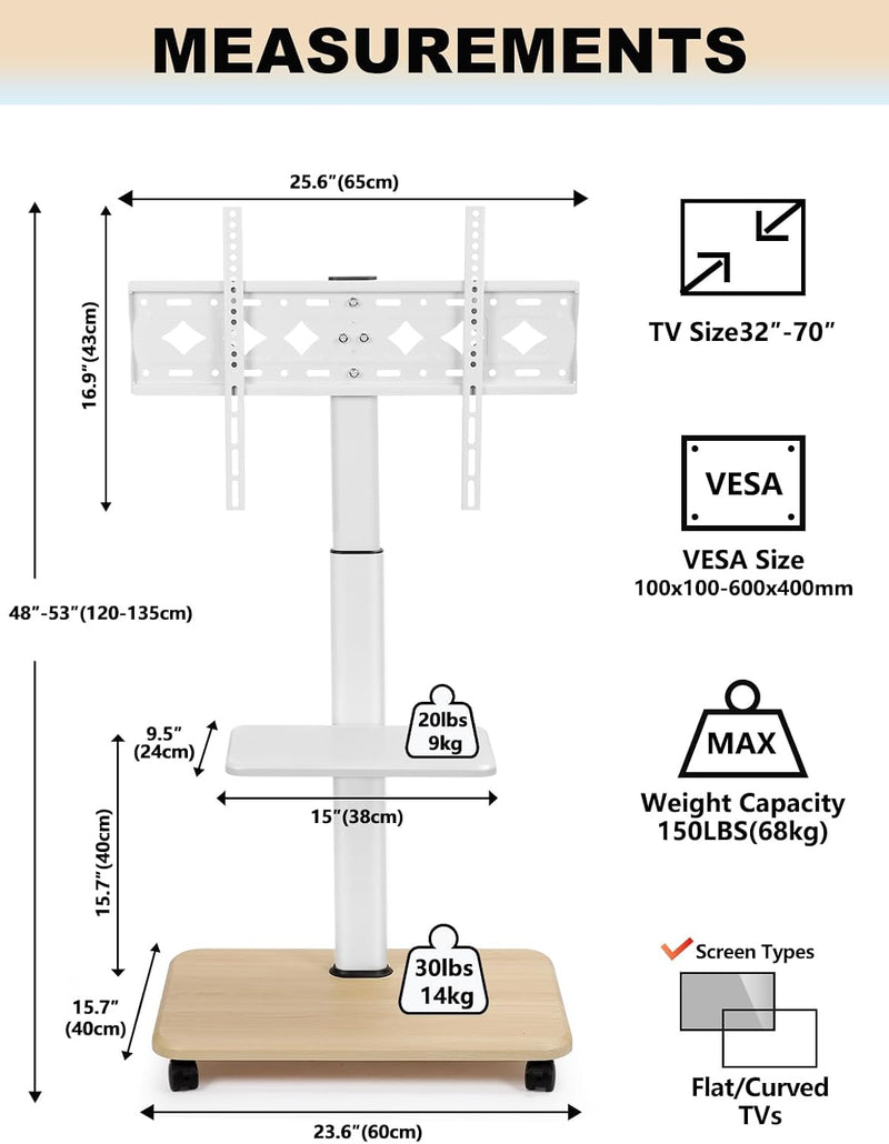 Mobile TV Stand with Wheels for 32-70 Inch