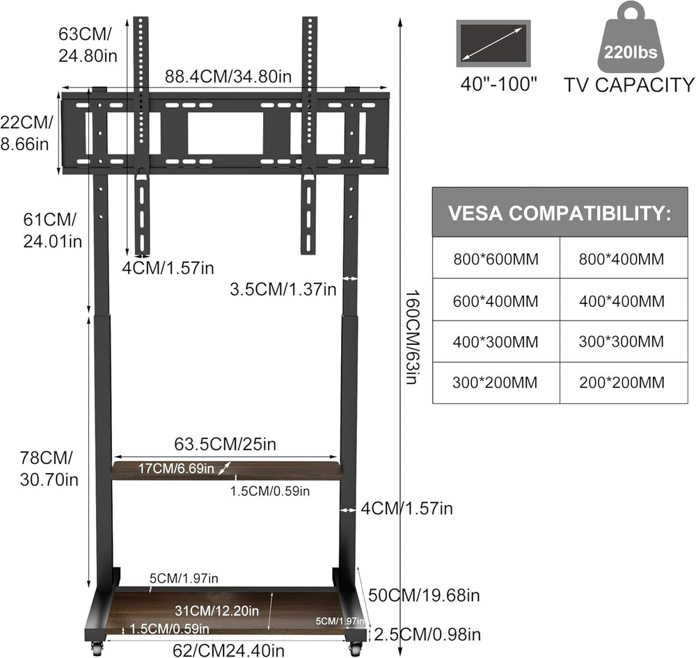 Mobile TV Stand Rolling Trolley with Wheels